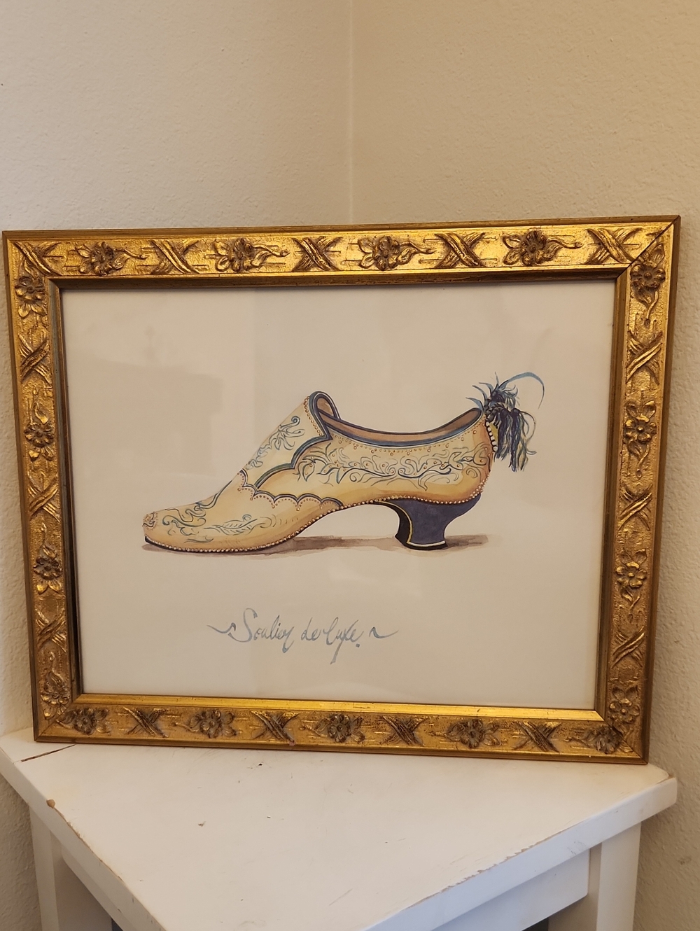 ♤ Large Gold Framed Ornate Yellow and Blue Decorative Shoe Art Print